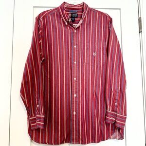Chaps Men's Red and Blue Striped Button Down Cotton Shirt • Large